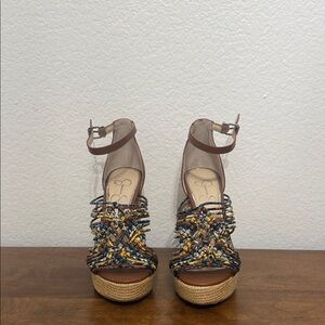 Jessica Simpson Brown and Multicolor Woven Wedges